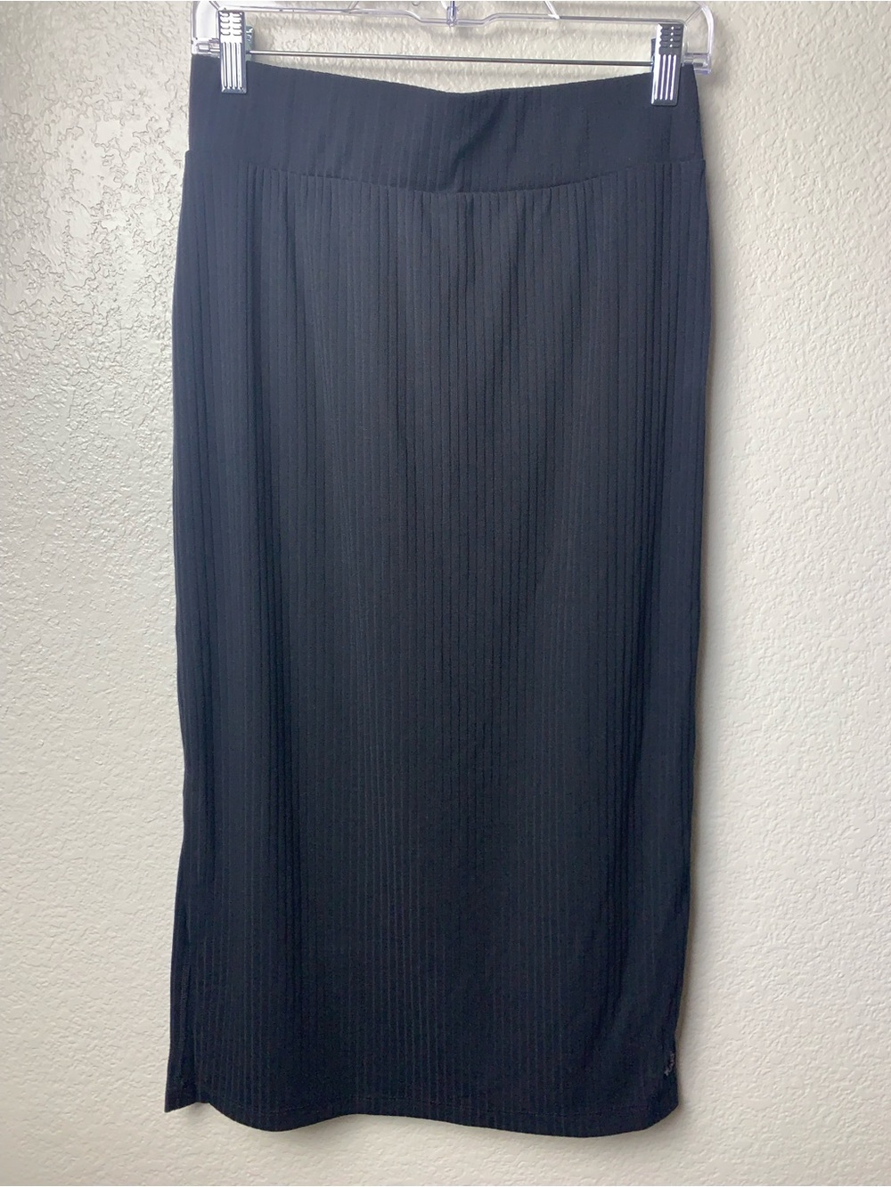 Women Black Ribbed Midi Maxi Side Slit Skirt Size Large L Athleisure Stretch
